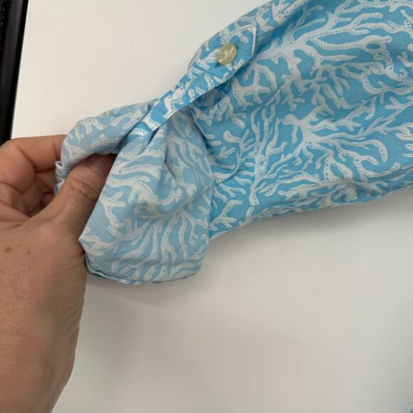 Talbots Shirt Women M Blue White Coral Reef Print Button Up Roll-tab Long Sleeve - Picture 5 of 10